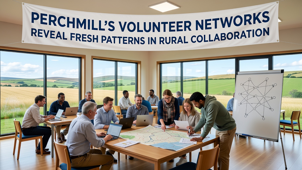 Map and charts showing volunteer collaboration patterns across Perchmill parish boundaries